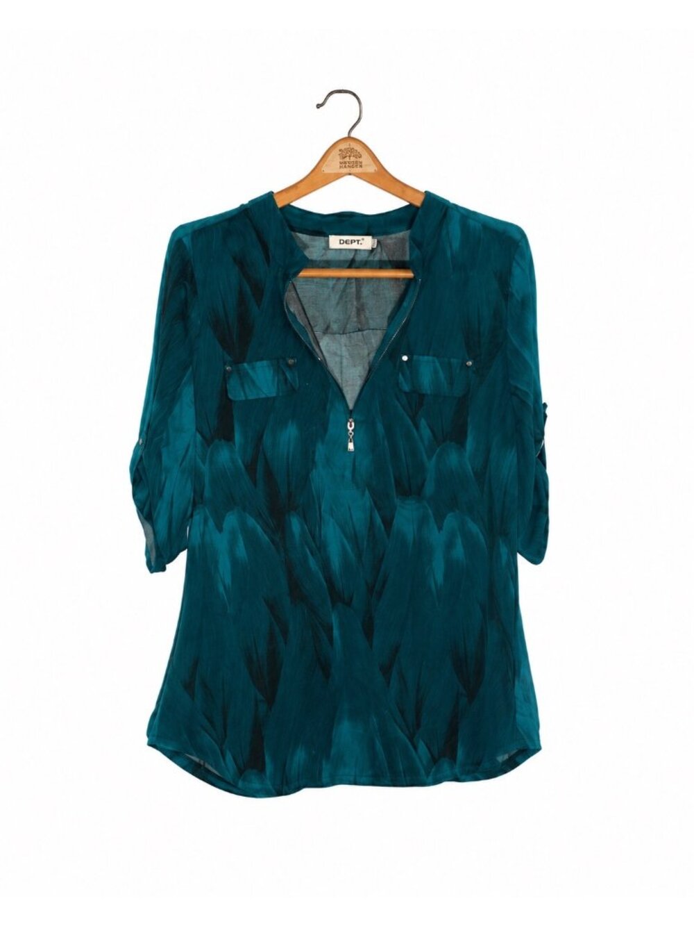 Teal Feather Print Womens Blouse With Zippered Front And Roll-Up Sleeves By Dept - Picture 2 of 3